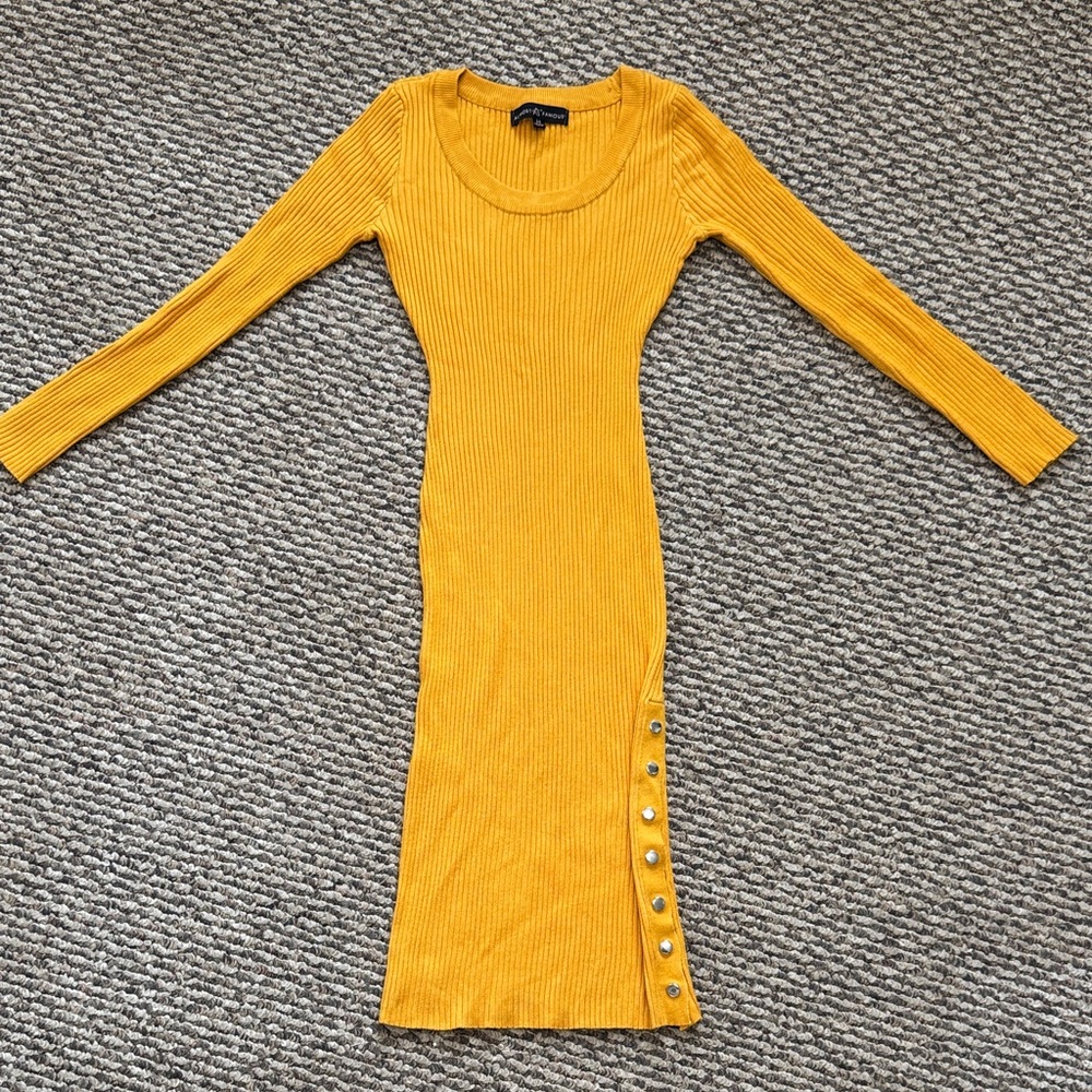 Almost Famous Mustard Long Sleeve Ribbed Bodycon Midi Fitted Dress